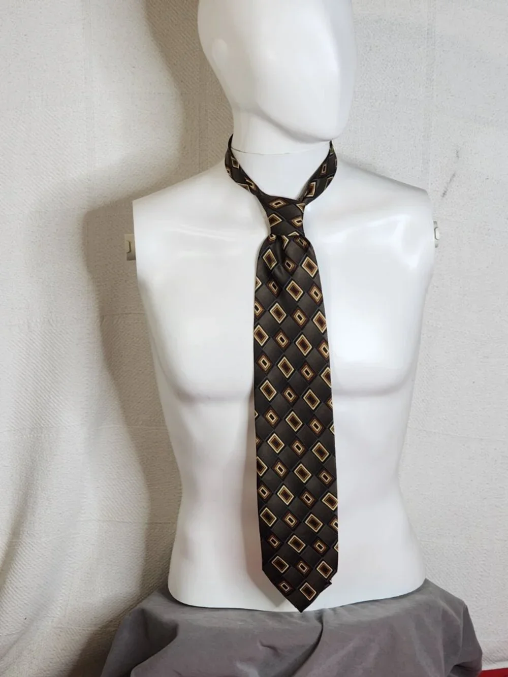 Mosaic Brand Vintage Green Brown Gold Silk Geo Diamond Box Print Hand Made Tie
